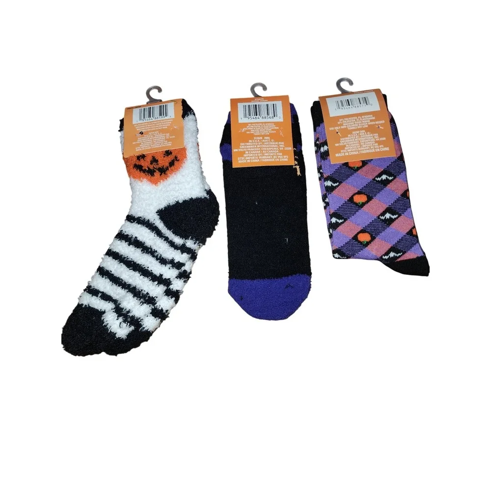 Halloween Sock Bundle 3 Pairs Fuzzy Jack-O-Lantern Ghost Argyle Pumpkin Crew Low
